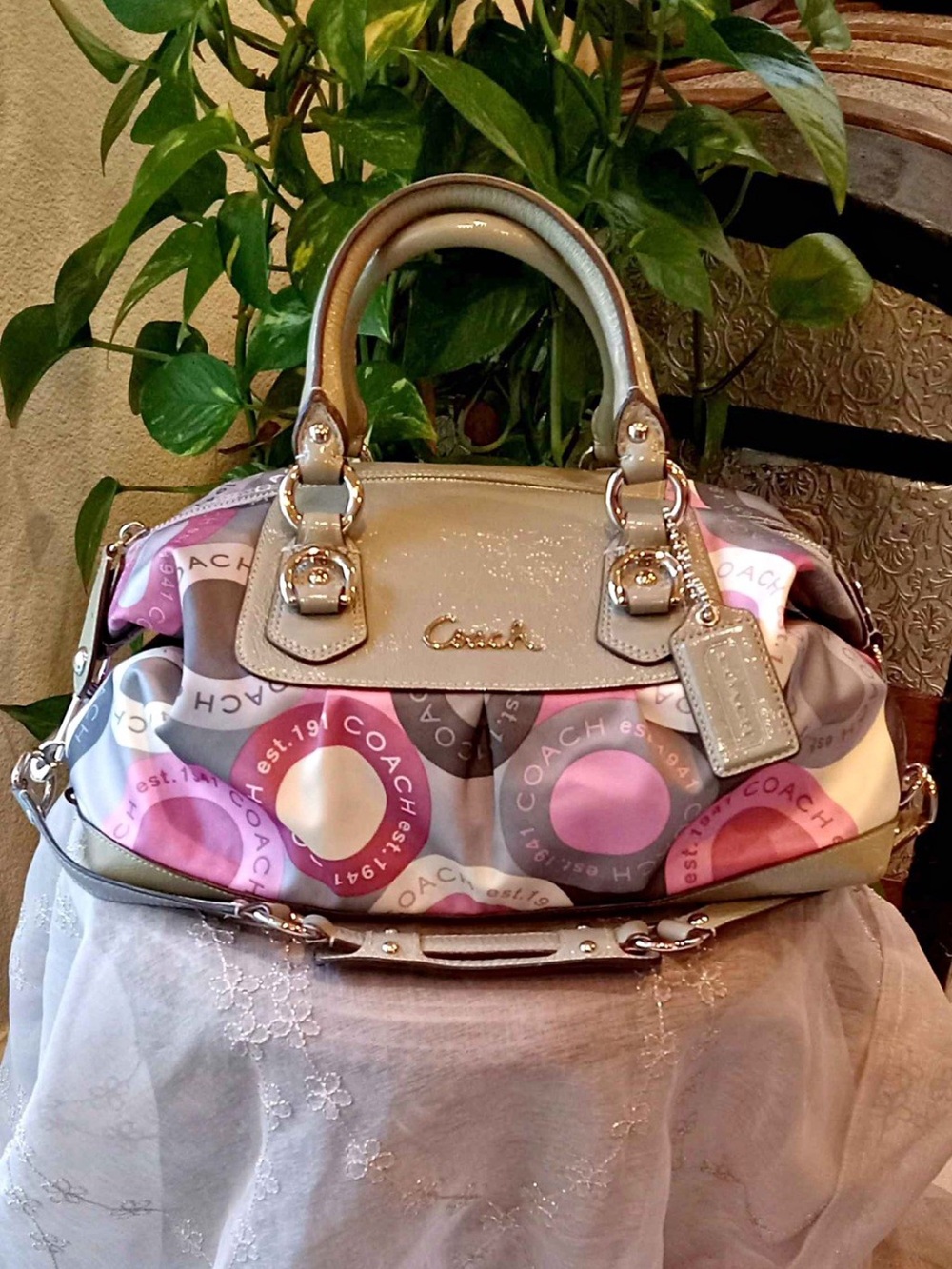 Coach Pink and Gray Circle Print Satchel with Beige Trim